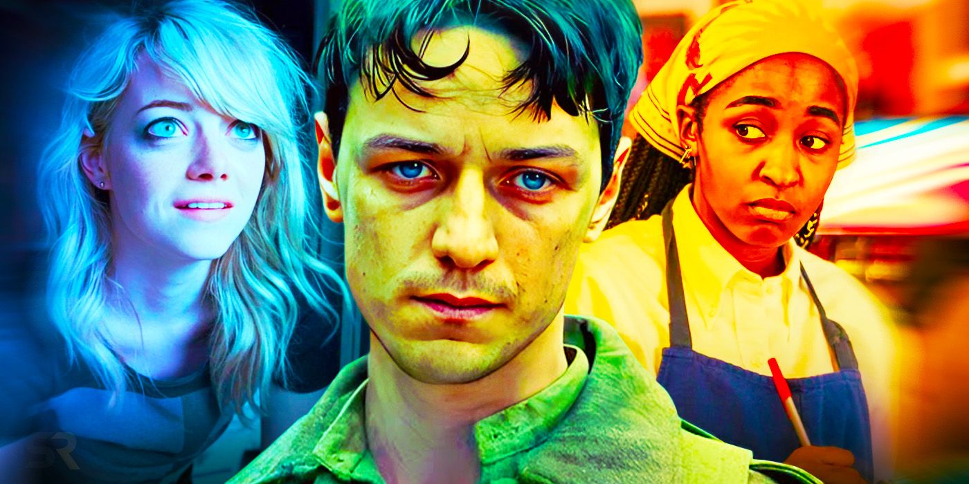 Collage featuring Emma Stone in Birdman, James McAvoy in Atonement, and Ayo Edebiri in The Bear