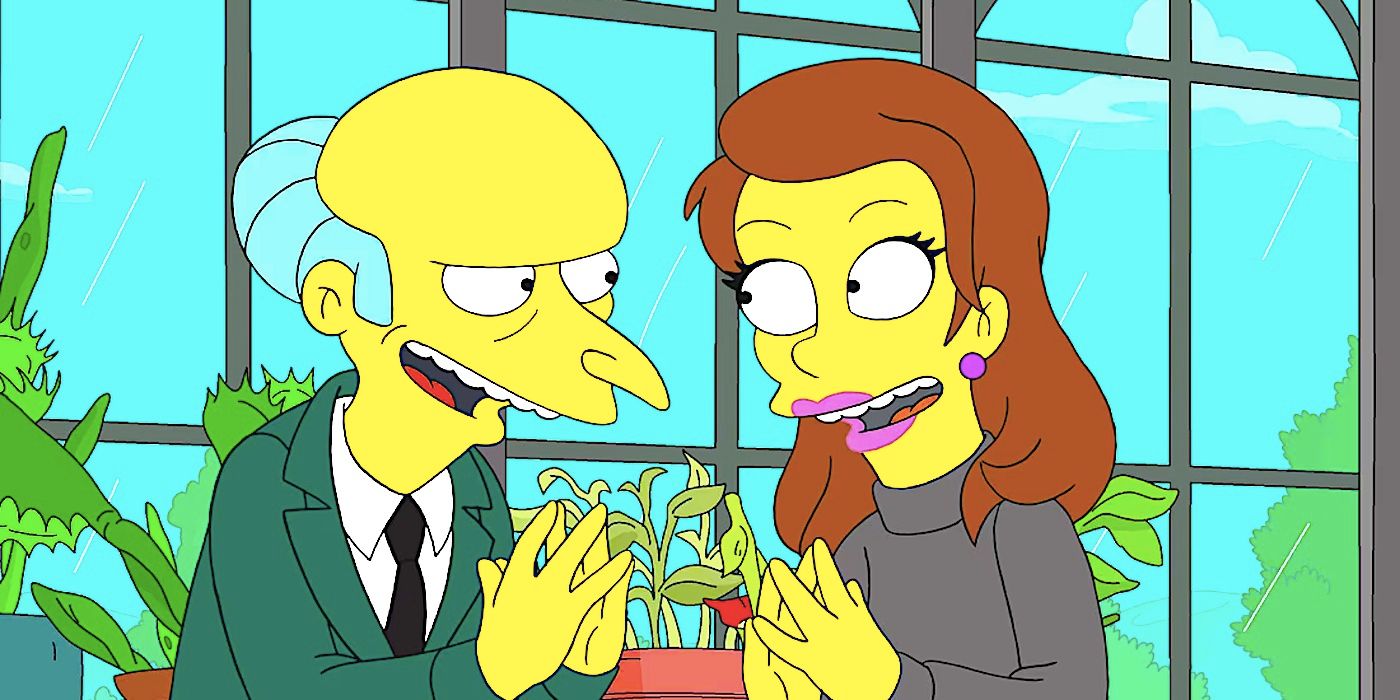 M. Burns et Perséphone adoptent la pose emblématique de ses doigts sous tente dans une serre dans l'épisode 4 de la saison 35 des Simpsons