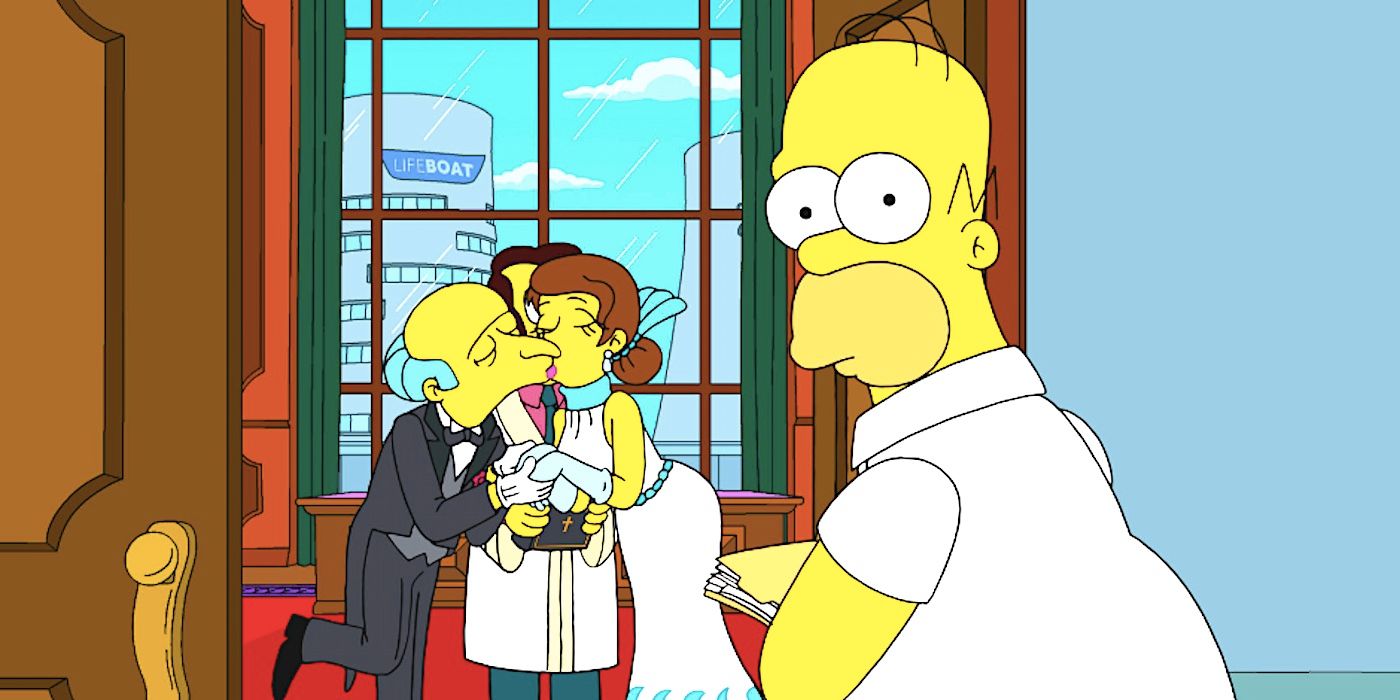 Burns beija sua esposa enquanto Homer olha para a câmera no episódio 4 da 35ª temporada dos Simpsons