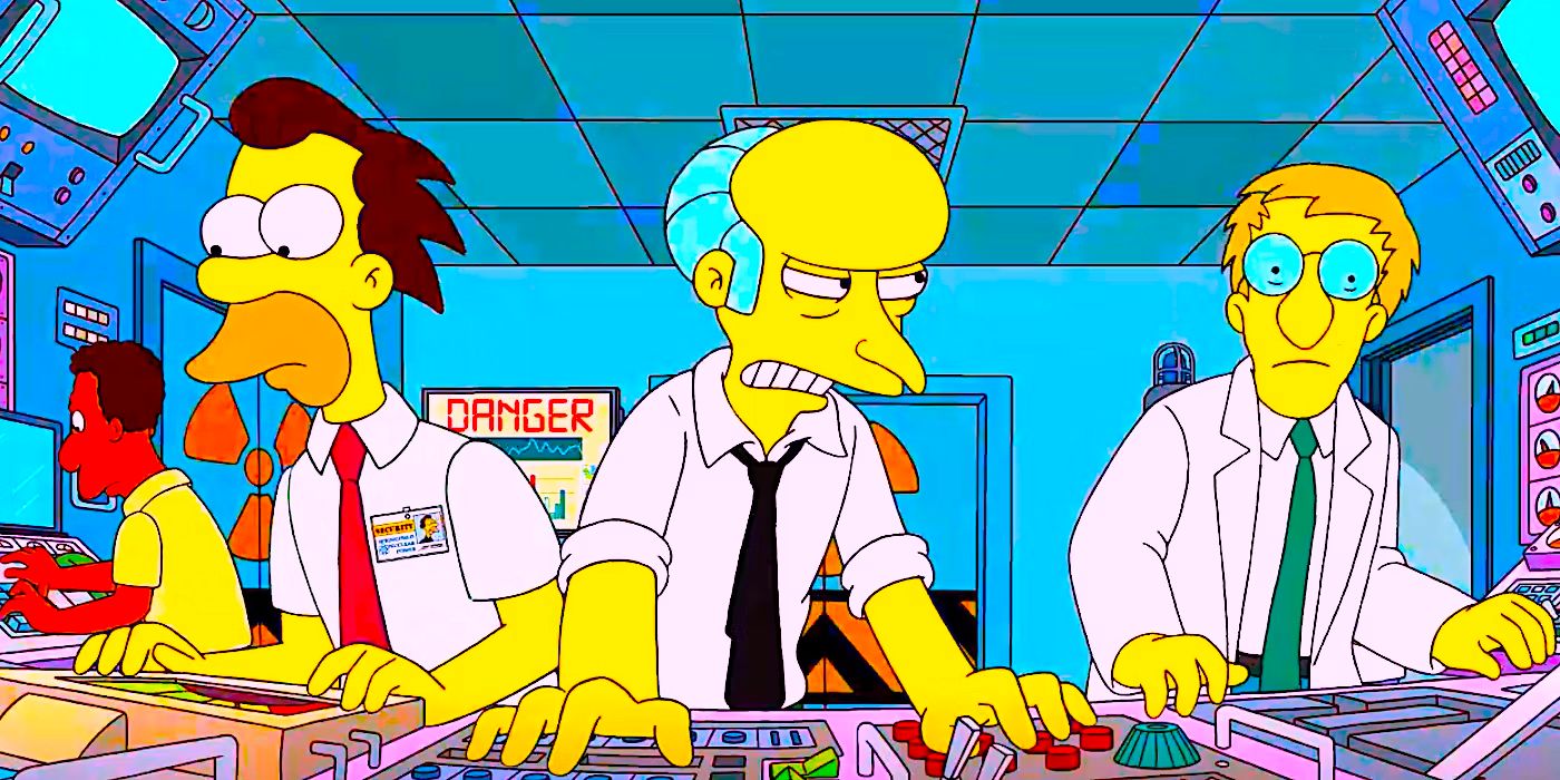 Mr. Burns working at the nuclear power plant control panel with Lenny and Carl in The Simpsons season 35 episode 1.