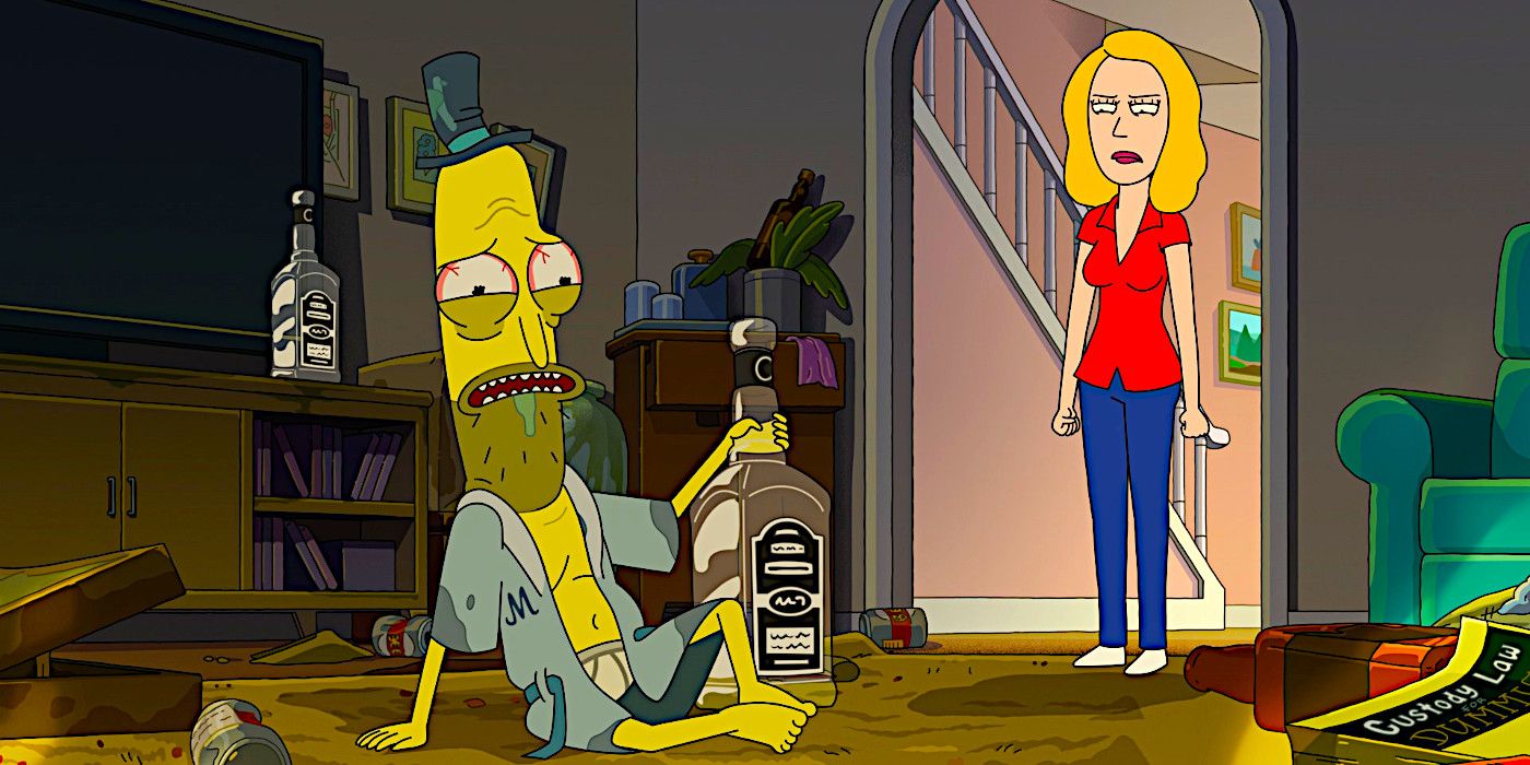 Mr. Poopybutthole sits on the floor drooling and clutching a bottle of booze while Beth looks on in Rick and Morty season 7