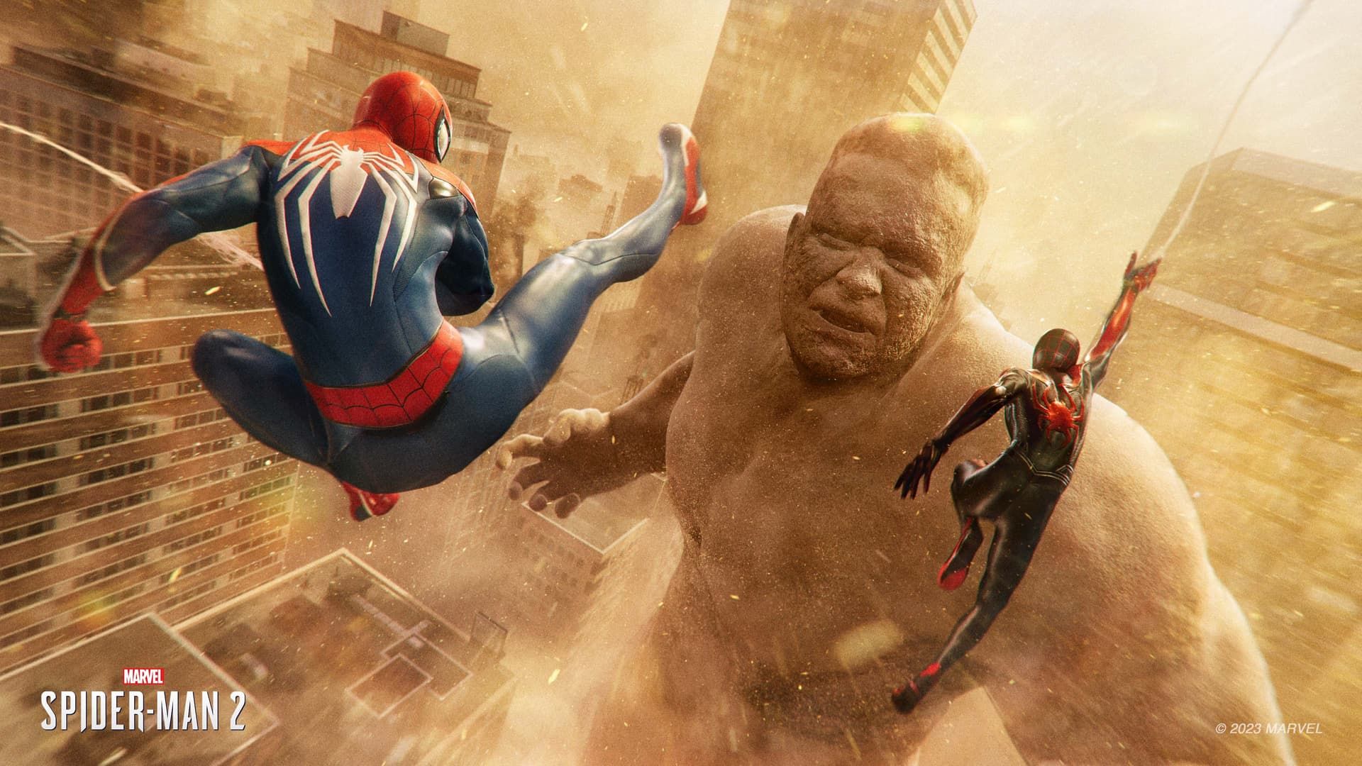 Spider-Man de Peter Parker y Spider-Man de Miles Morales luchan contra Flint Marko the Sandman.