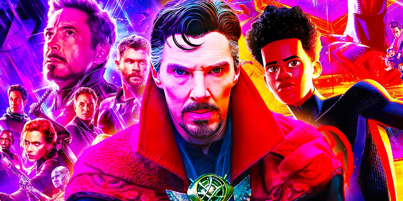 Poster for Avengers: Endgame, an image of Doctor Strange, and Miles Morals from the Spider-Verse movies
