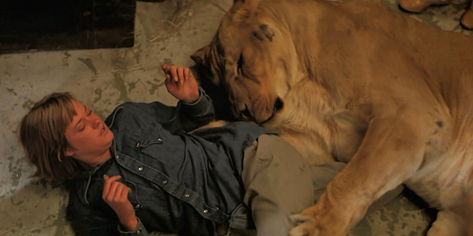 Woman and a lion in Roar 1981
