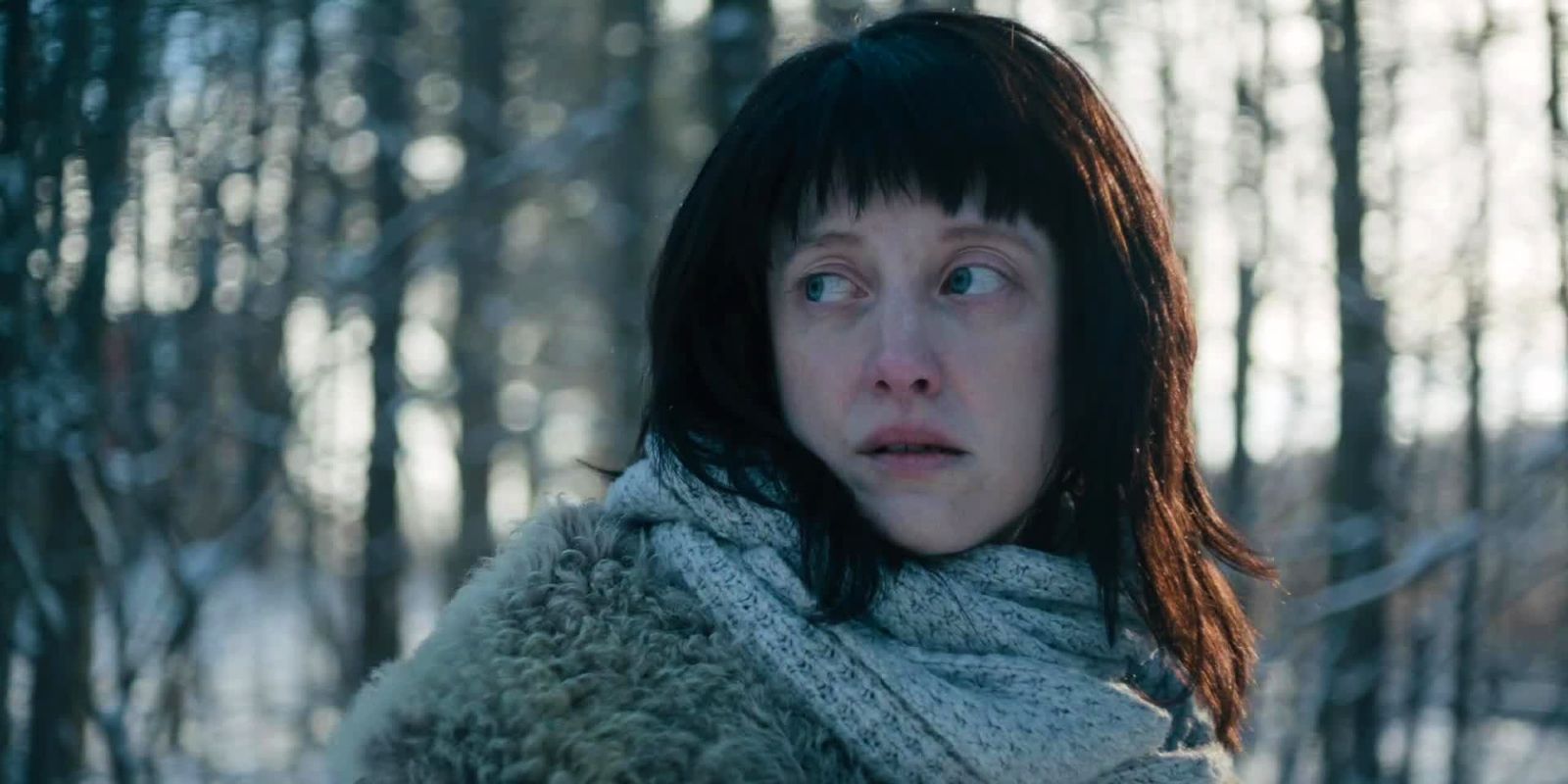 Nancy looks off into the distance wearing a scarf and coat while standing in the woods.