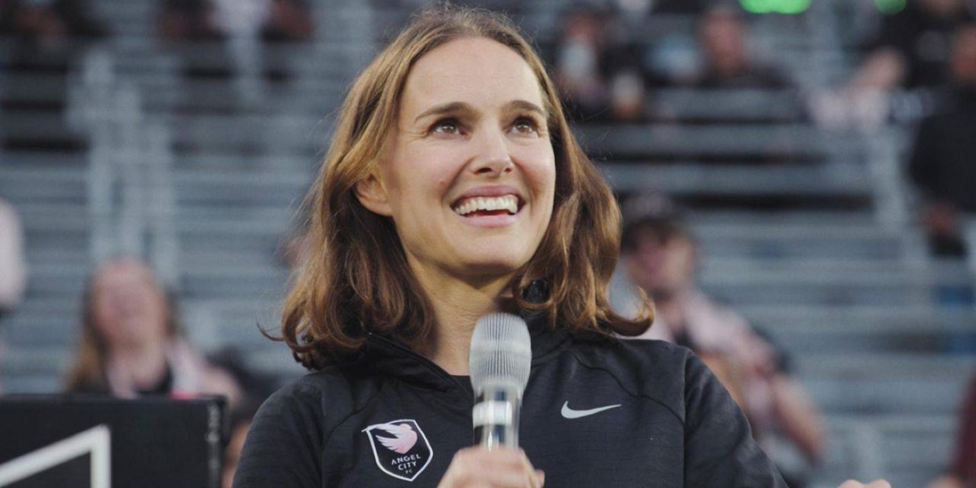 Natalie Portman on microphone for Angel City FC in the HBO documentary.