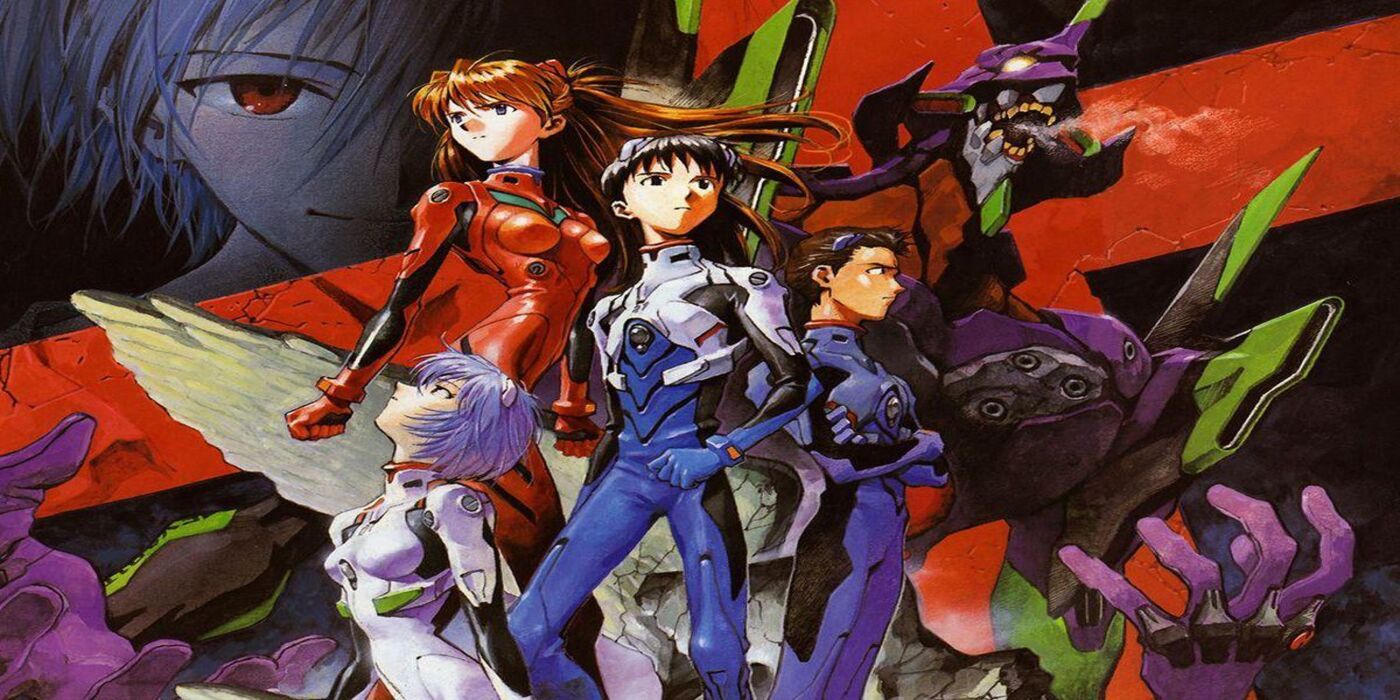 Neon Genesis Evangelion cast standing together, Shinji and Asuka