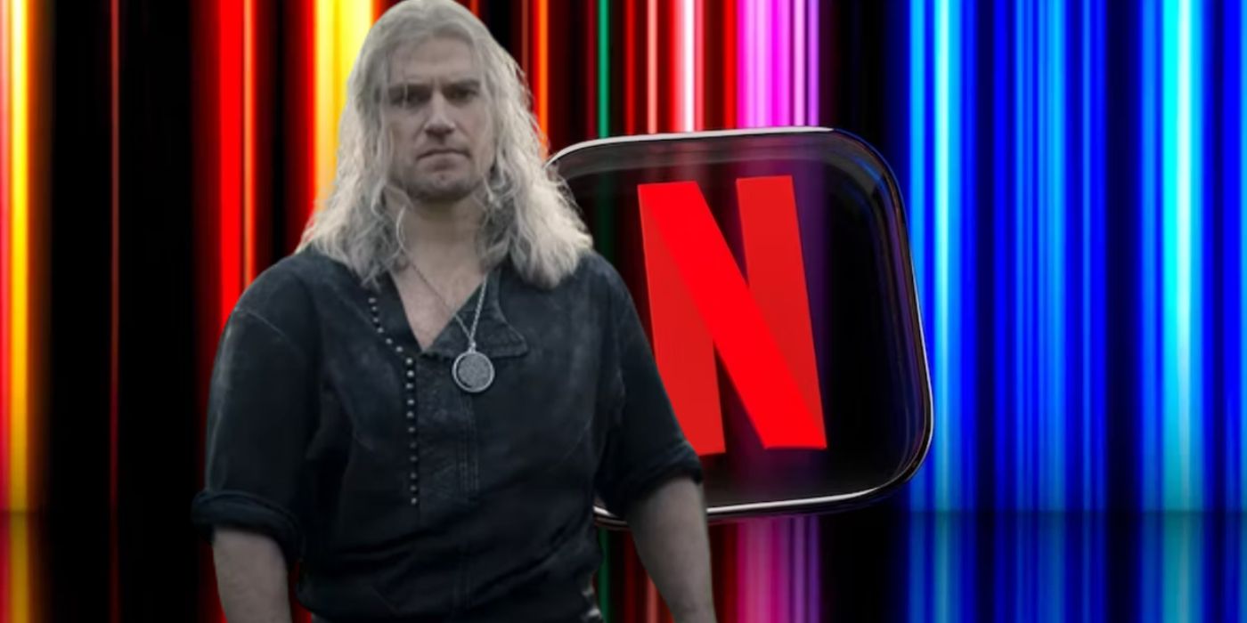 Henry Cavill como Geralt de The Witcher em frente ao logotipo da Netflix