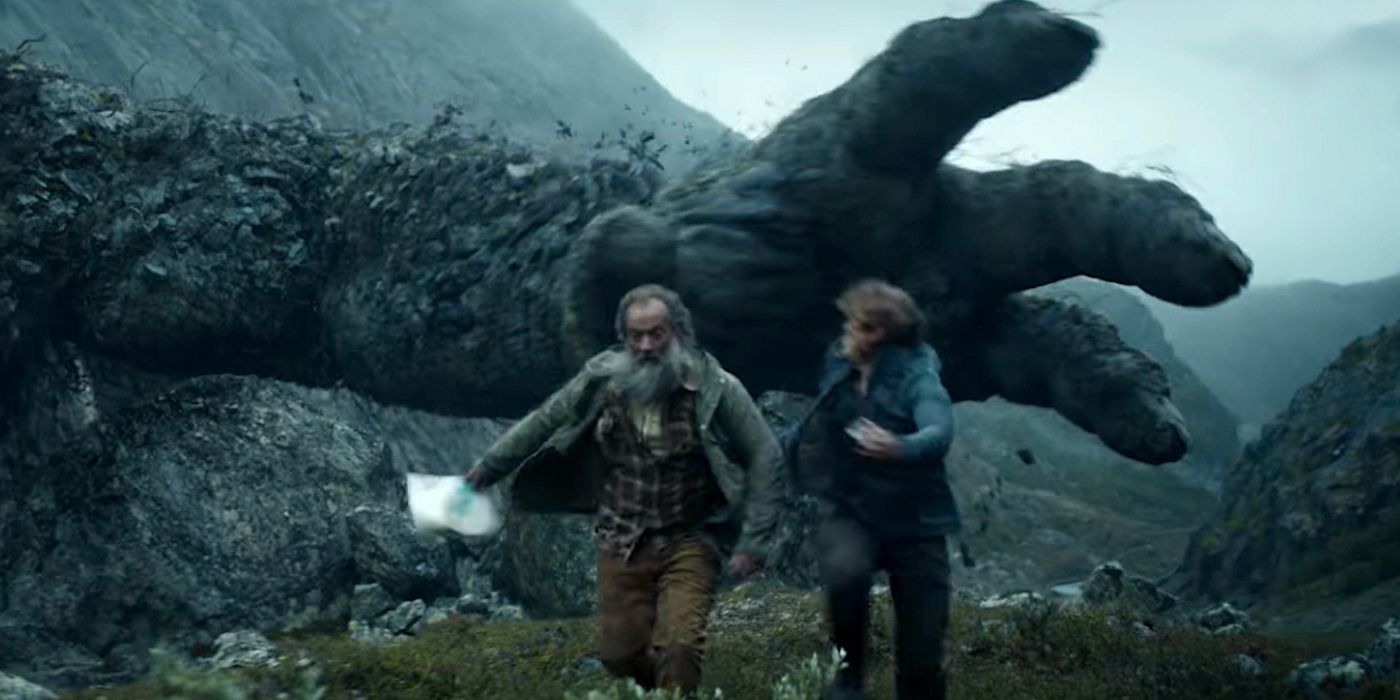 A couple attempt to outrun a giant Troll in Troll on Netflix.