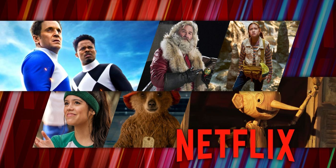 A blended image features the Netflix logo and characters from movies Power Rangers: Once and Always, The Christmas Chronicles, Finding Ohana, Yes Day, and Guillermo del Toro's Pinocchio
