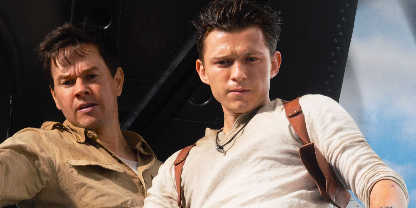 Tom Holland and Mark Wahlberg looking down in Uncharted