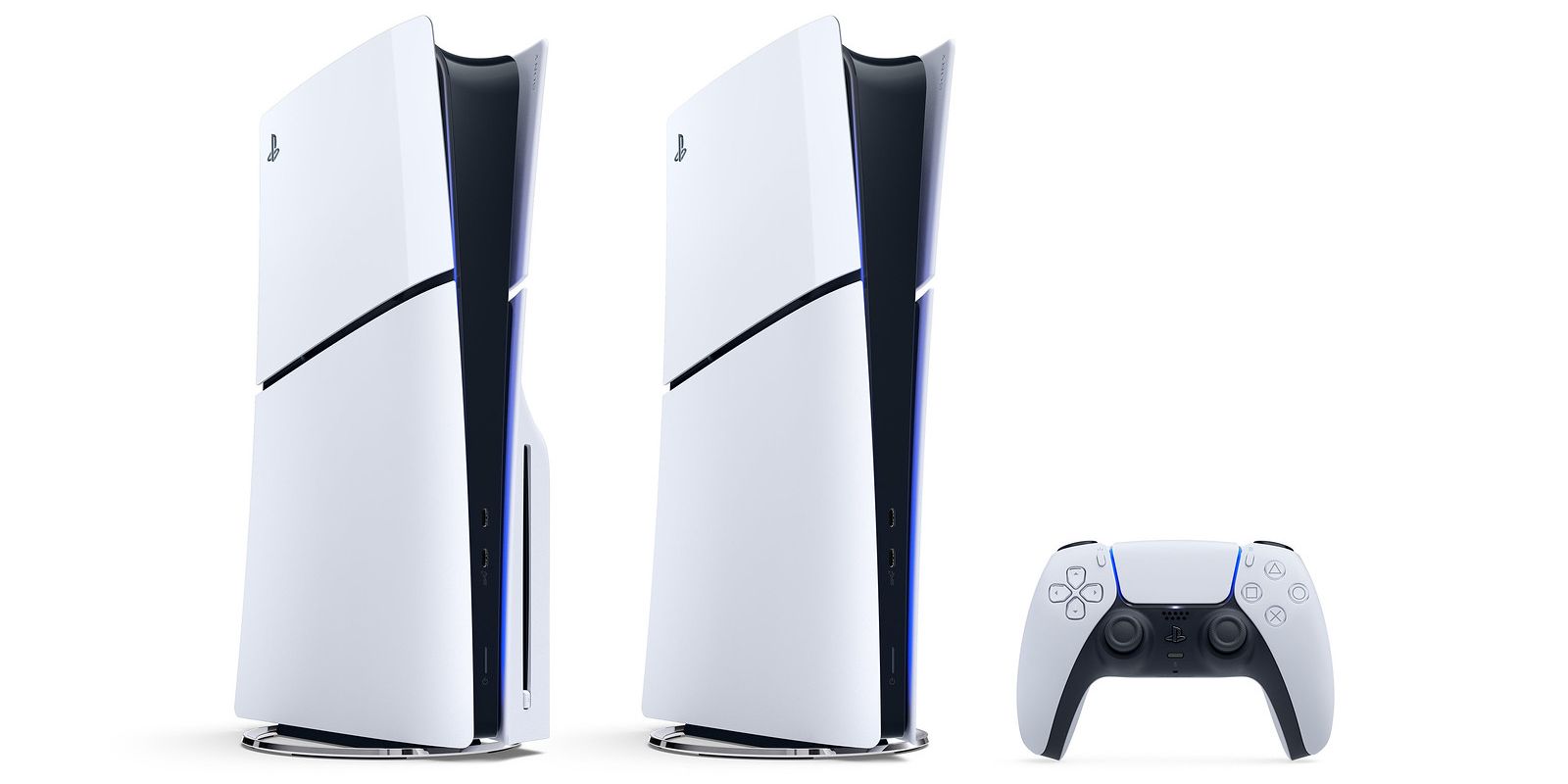 Two new PS5s, one with the detachable disc drive attached, next to a DualSense controller, all on a stark white background.