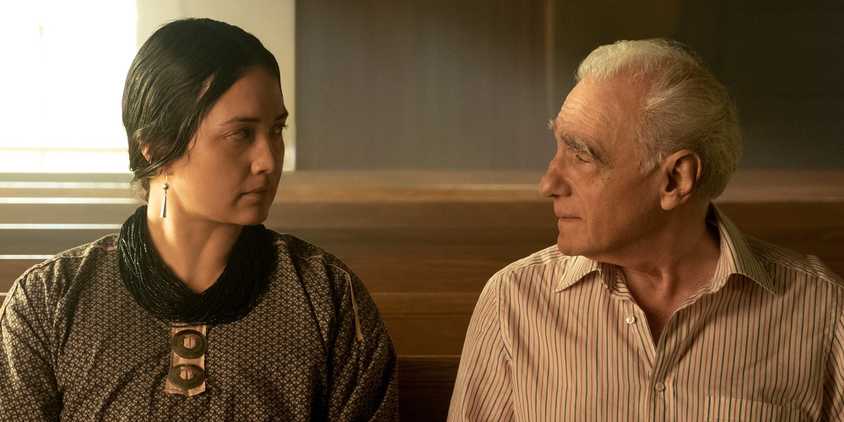Martin Scorsese directs Lily Gladstone on the set of Killers of the Flower Moon.