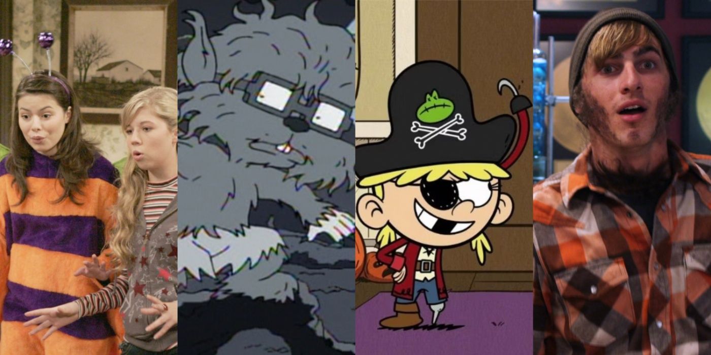 A side by side image features characters in Nickelodeon Halloween episodes from iCarly, Rugrats, The Loud House, and Big Time Rush