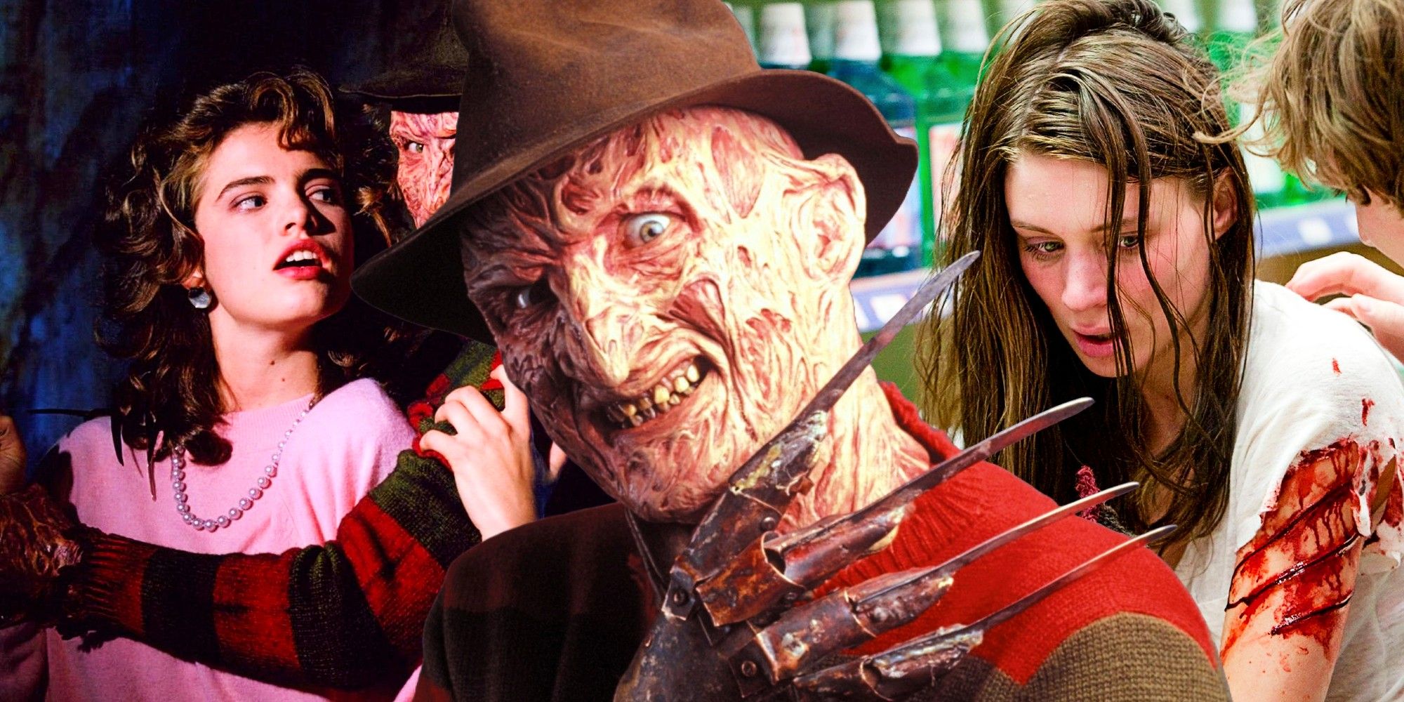 A blended image features Heather Langenkamp as Nancy, Robert Englund as Freddy Kreuger, and Rooney Mara as Nancy in the Nightmare on Elm Street movies