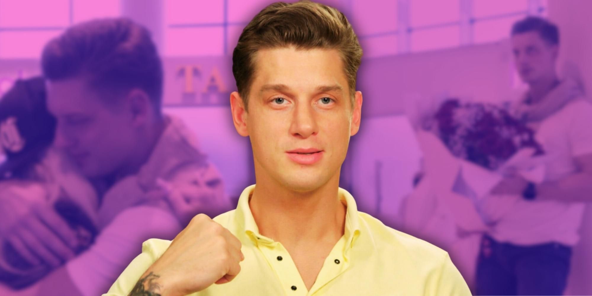 nikki justin 90 day fiance montage purple background where he wears a yellow polo neck shirt with his hand in a fist