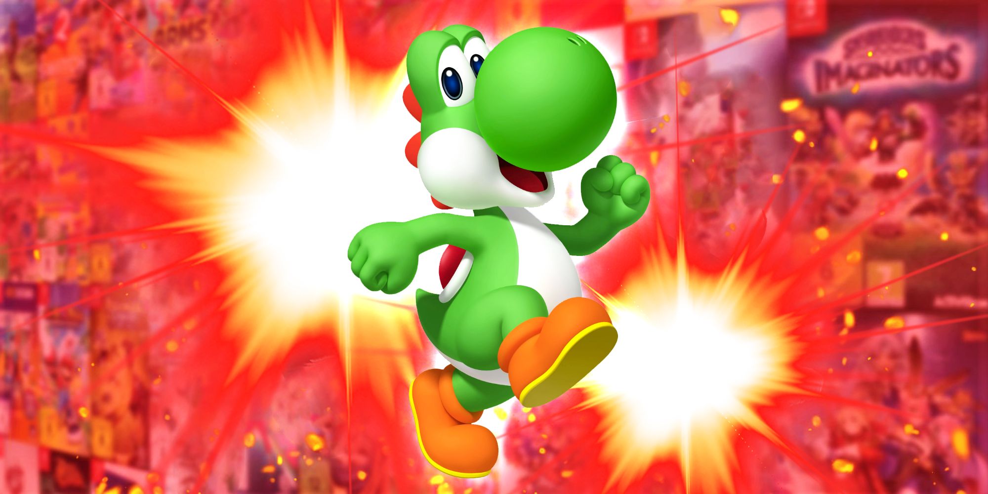Yoshi from the Nintendo game series on a red, explosive background.