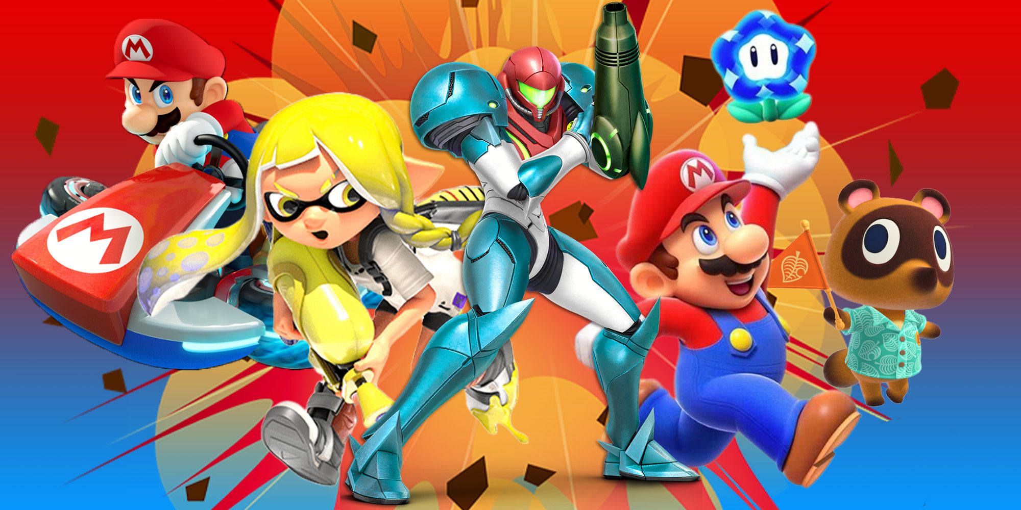 Colagem de jogos Nintendo Switch.  Mario Kart, Splatoon, Metroid Dread, Mario e Animal Crossing representados
