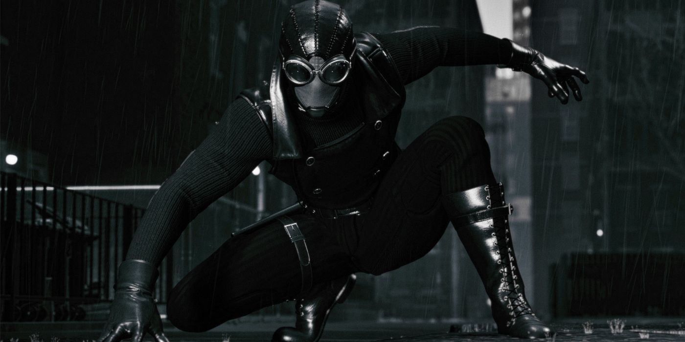 Spider-Man Noir perched atop a building in Marvel's Spider-Man