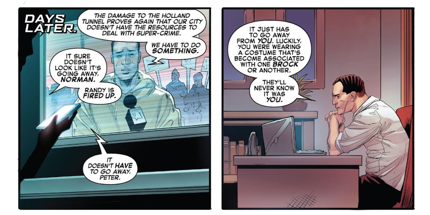 panels from The Amazing Spider-Man #35, Norman Osborn and Peter Parker talk about Spider-Man’s run as the Green Goblin