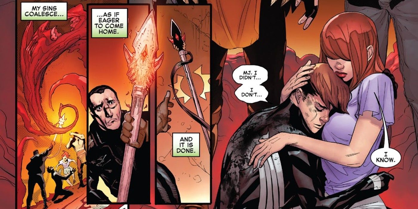 panels from Amazing Spider-Man #35, Norman Osborn removes Green Goblin sins from Spider-Man