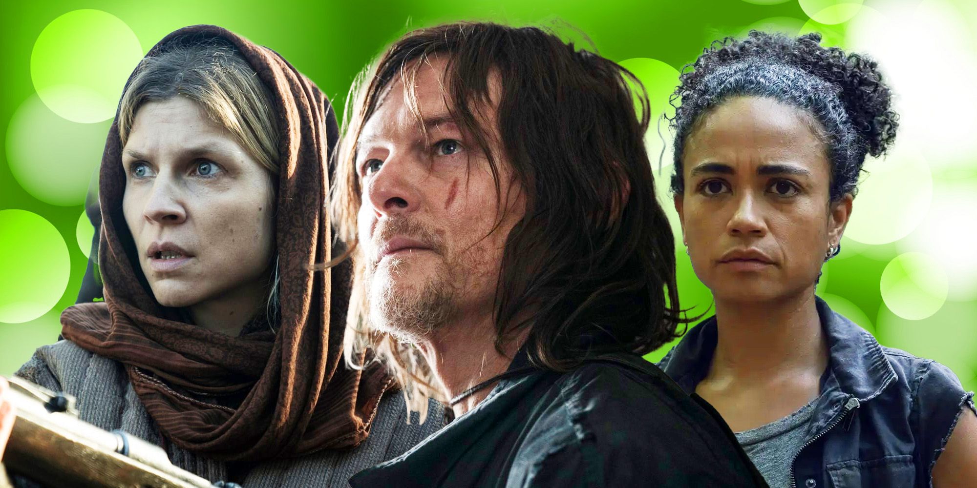 Norman Reedus as Daryl Dixon Lauren Ridloff as Connie and Clemence Posey as Isabelle in Walking Dead