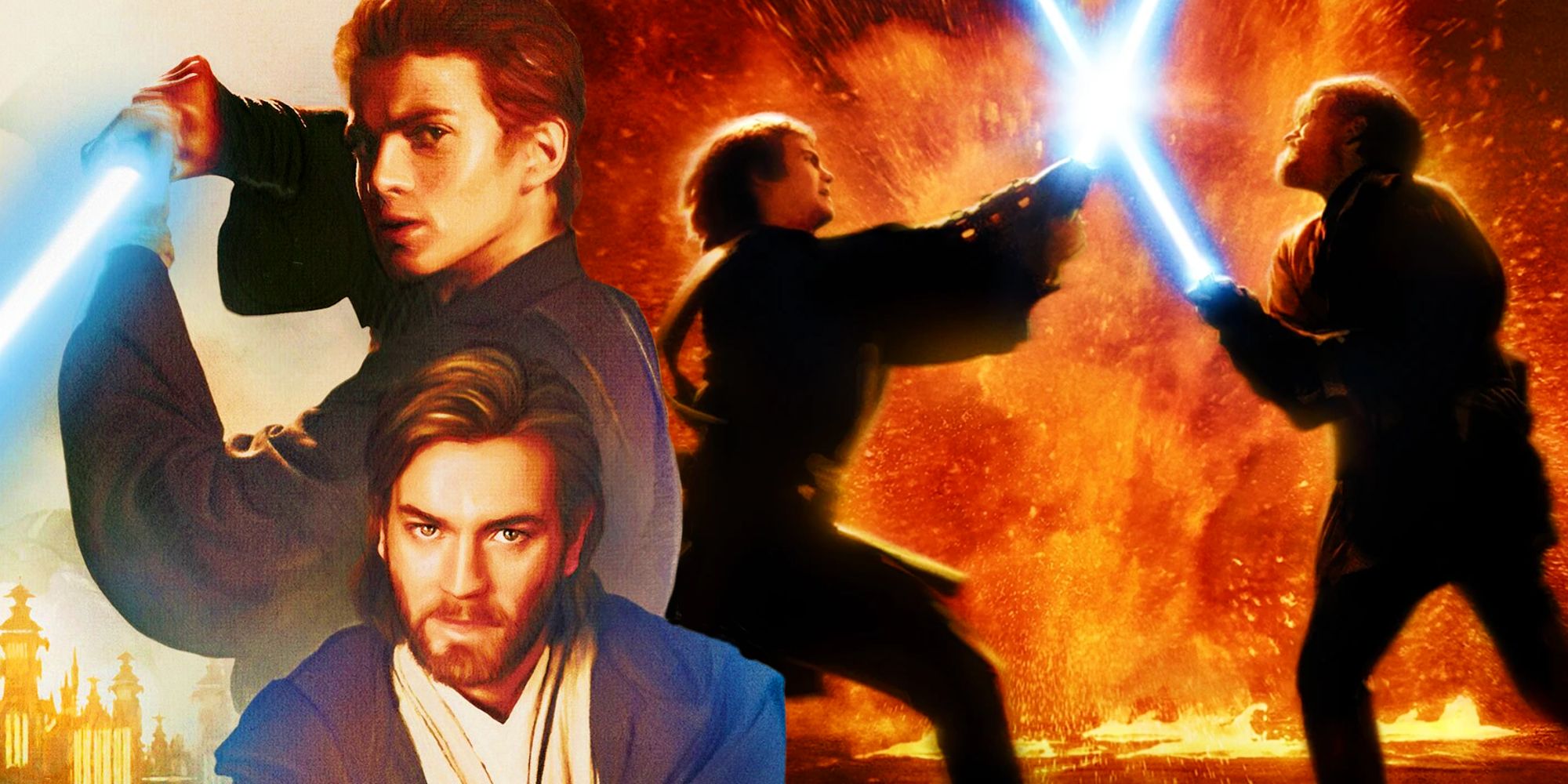 Obi-Wan Kenobi and Anakin on the cover of Star Wars: Brotherhood next to the Battle of Heroes