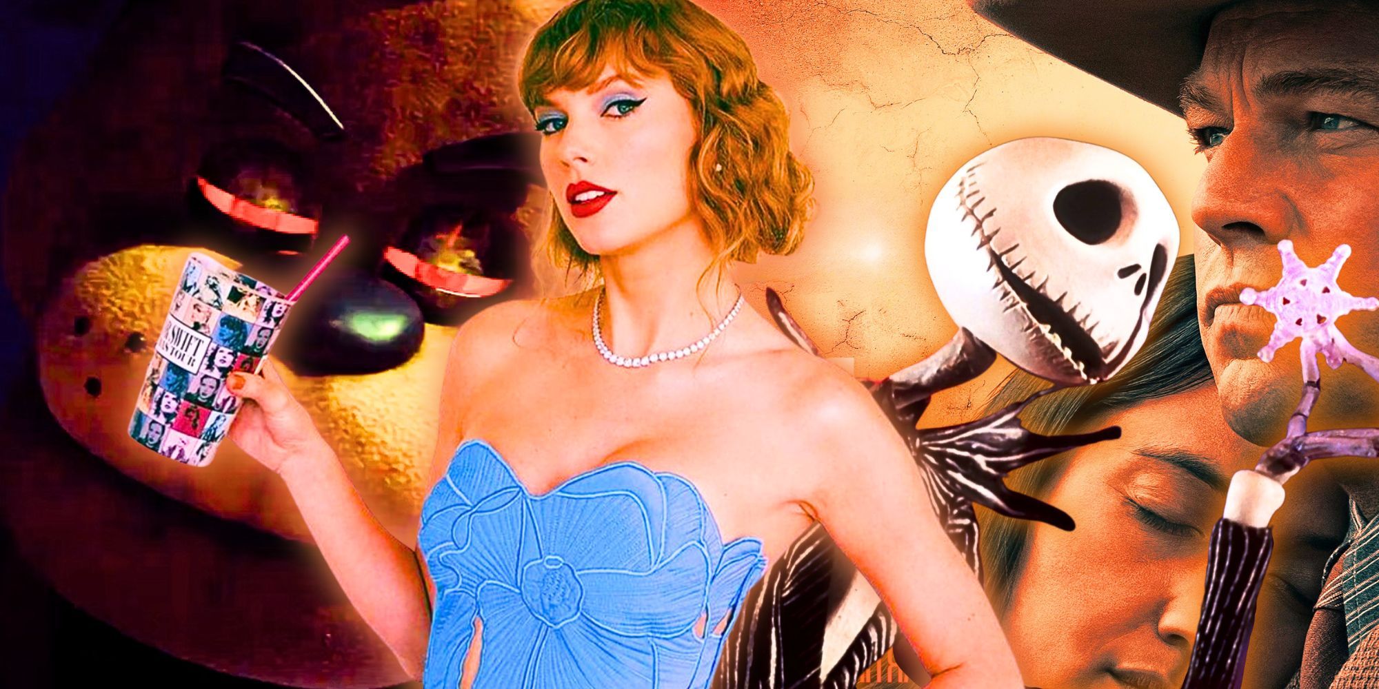 October 2023 box office featuring Taylor Swift, Lily Gladstone, Leonardo DiCaprio, Jack Skellington, and Freddy Fazbear