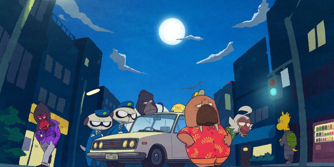 Odd Taxi Anime Official Art featuring the cast, including Hiroshi and others
