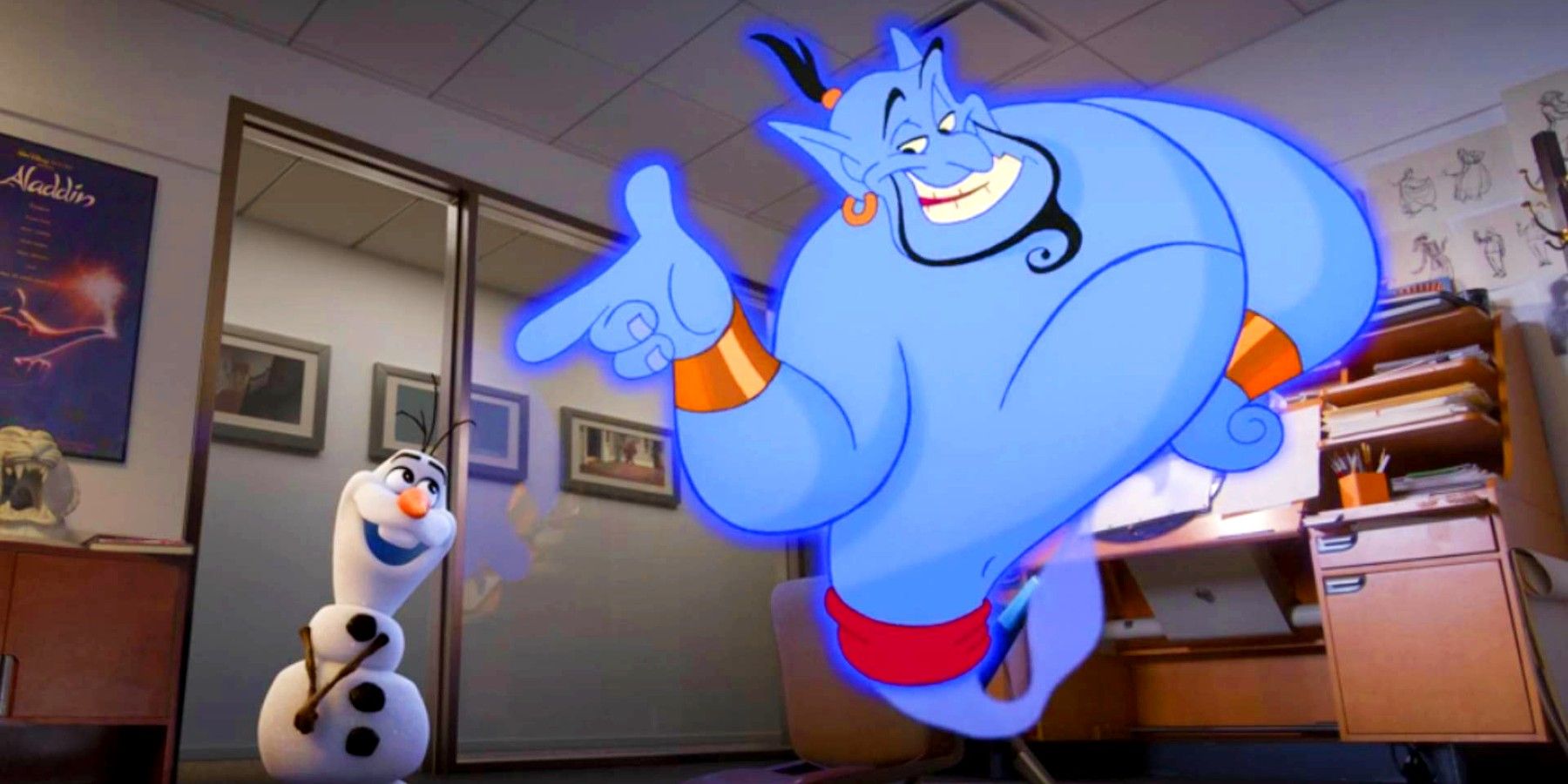 Olaf and Genie in Disneys One Upon a Studio short