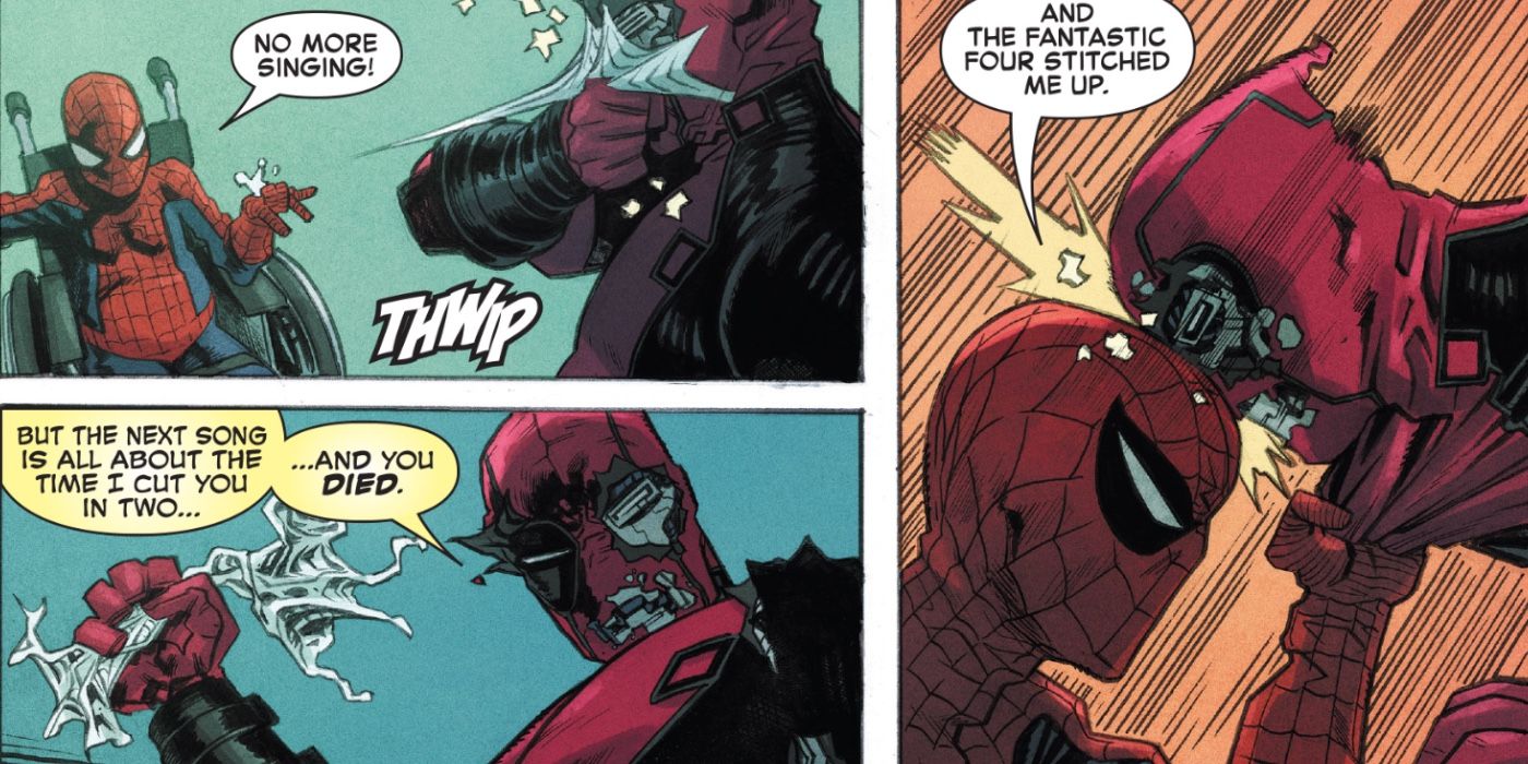 Old Spider-Man fights LMD Deadpool while in a wheelchair