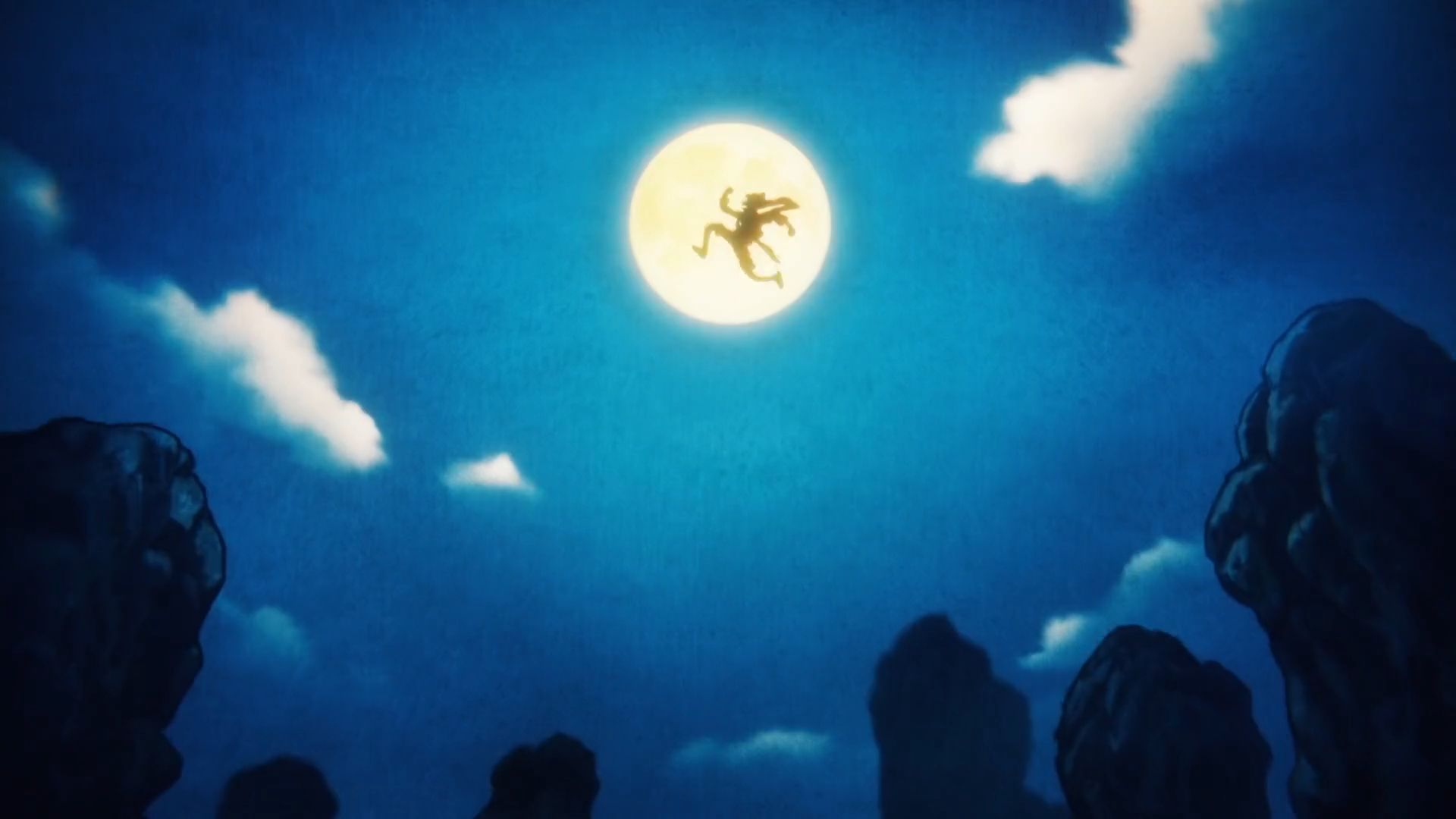 One Piece: Gear 5 Luffy jumps in front of the moon strking the same pose as Nika