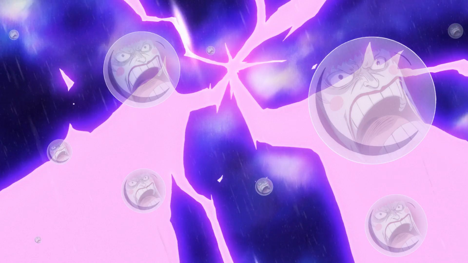 kanjuro's shocked face reflected on rain droplets as purple lightning strikes in one piece