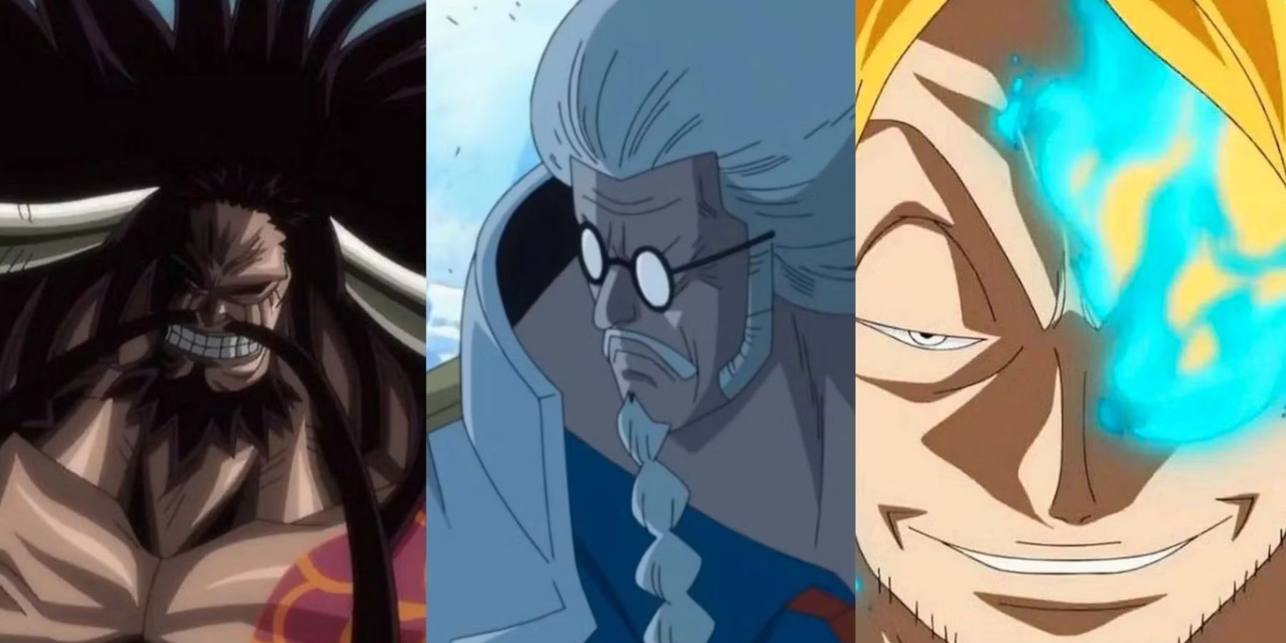 Image shows three seperate images side by side of One Piece characters from the anime: Kaido, Sengoku, and Marco.