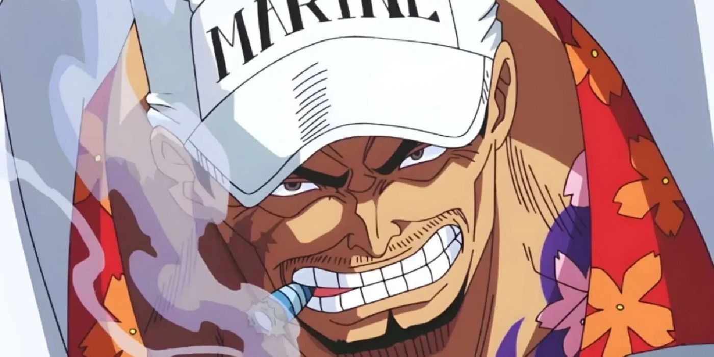 One Piece's Admiral Akainu looking angry while smoking a cigar