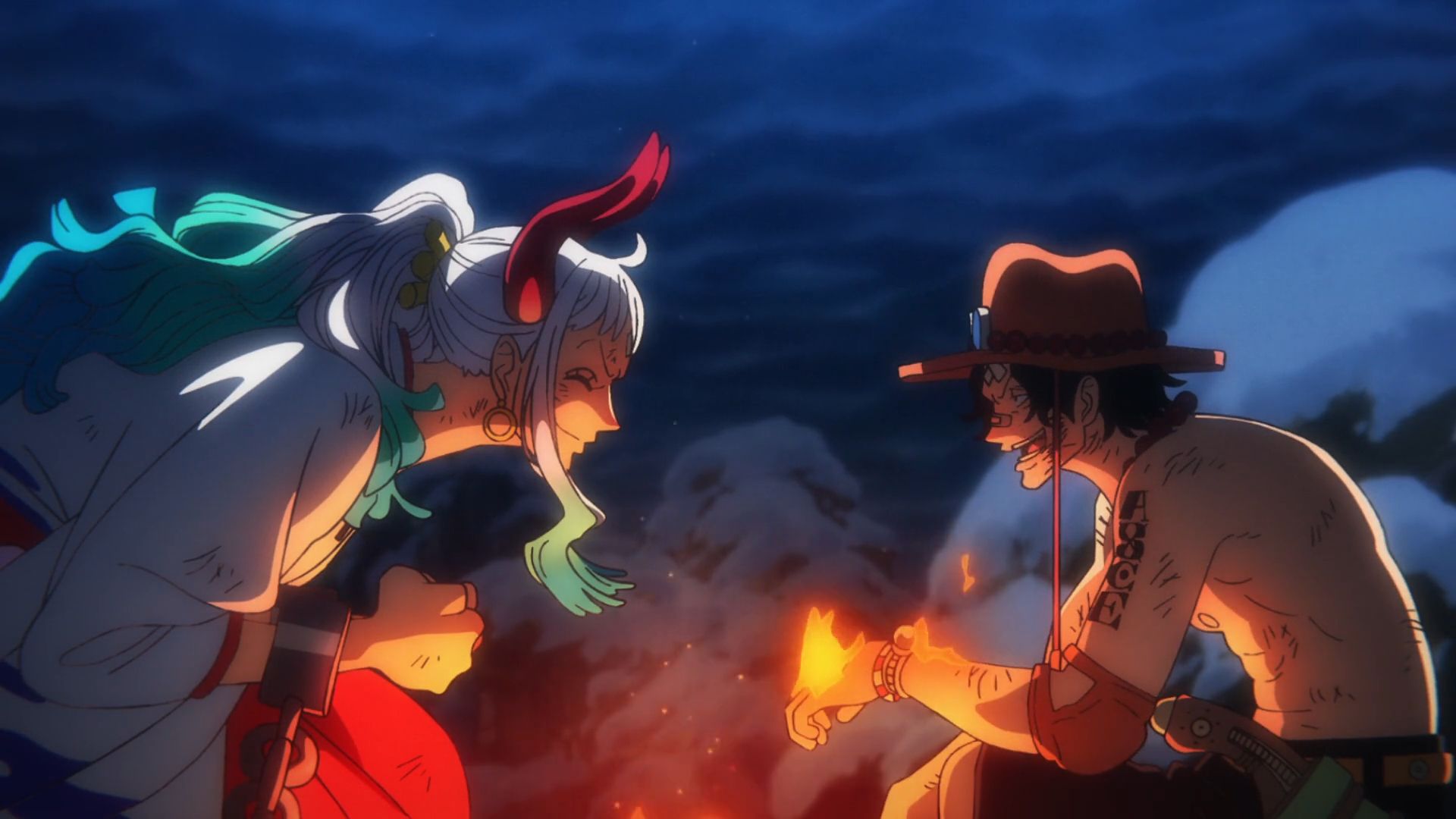 One Piece Yamato and Ace talking over a fire