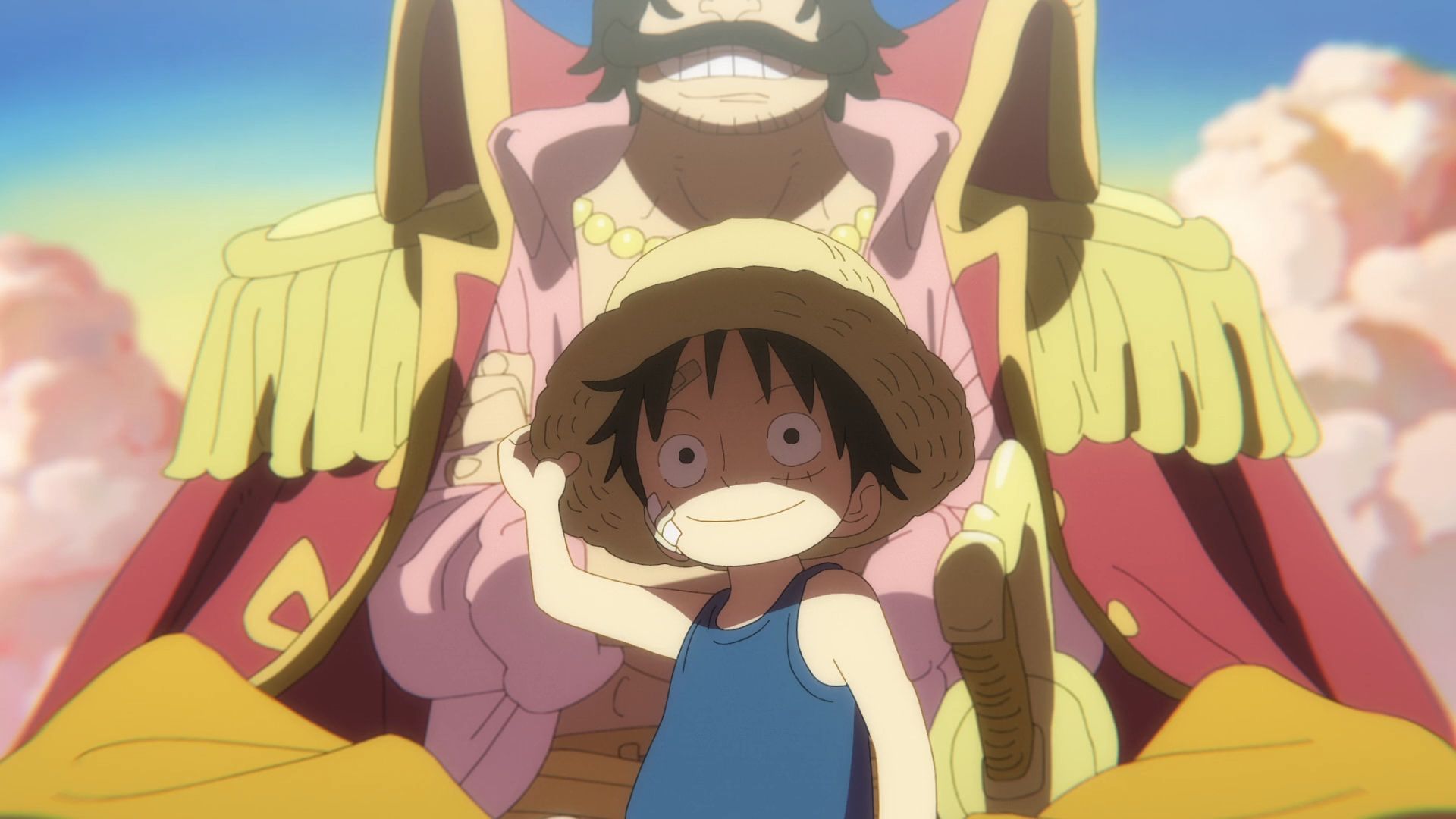 One Piece: a young luffy smiling with a hand on his straw hat with Roger seated behind him
