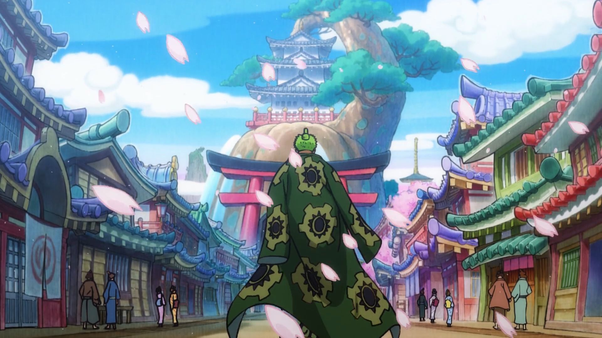 One Piece screenshot of Zoro in the Wano opening scene with his back facing the persepctive