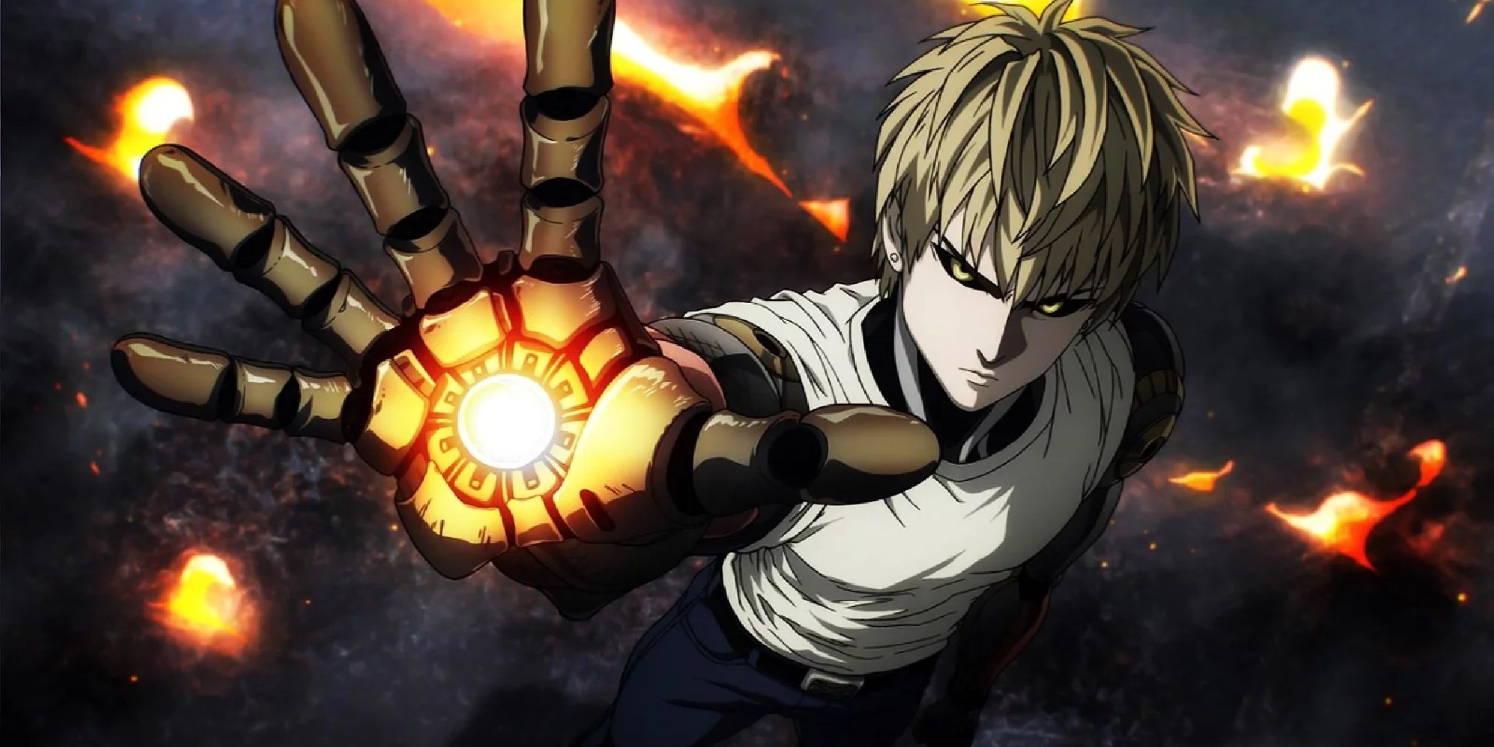 One-Punch Man screencap of Genos holding his palm to the sky.