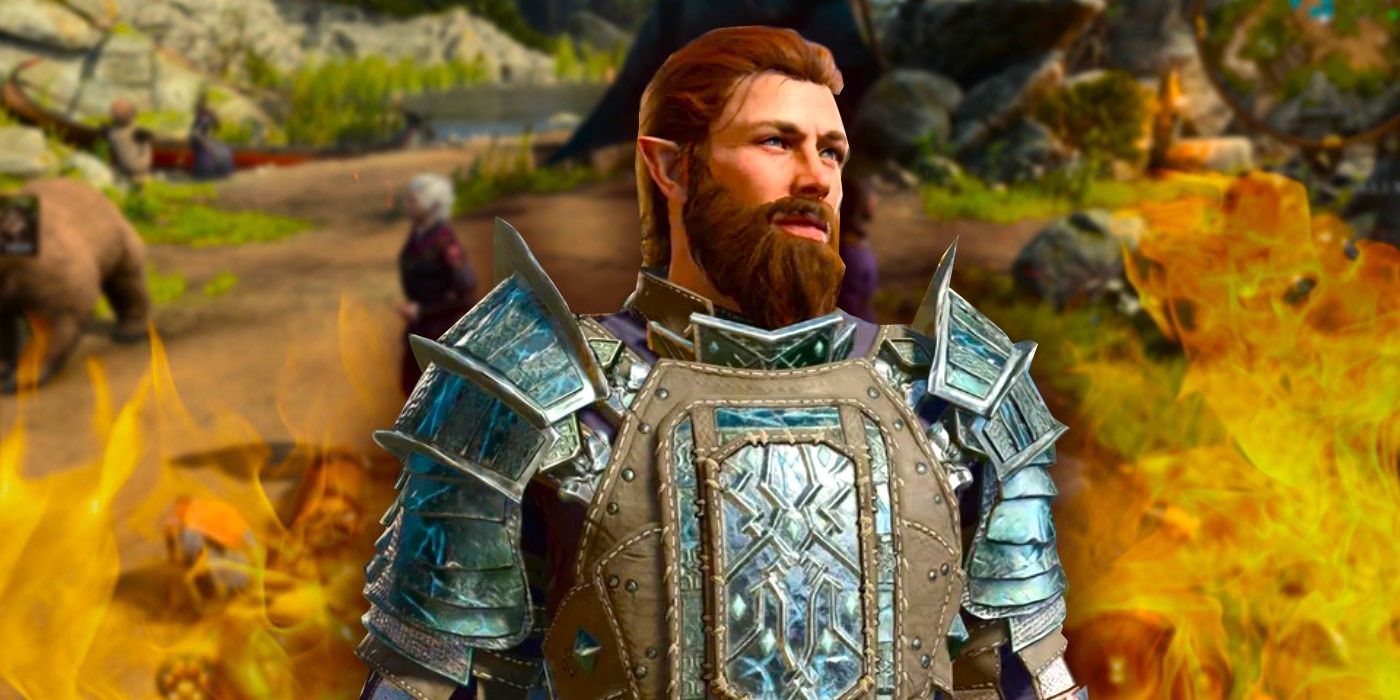 Baldur&rsquo;s Gate 3 player character standing in front of a camp and flames.