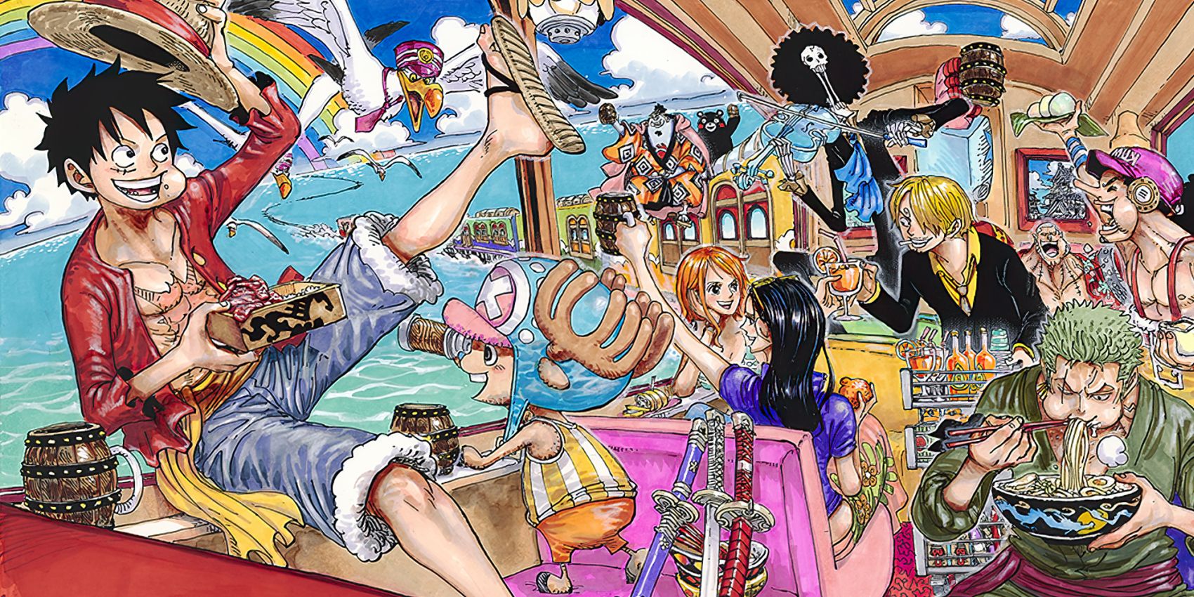 Screenshot of One Piece color spread from manga chapter 992 shows the Luffy and the Straw hat crew enjoying a lunch on a sea train.