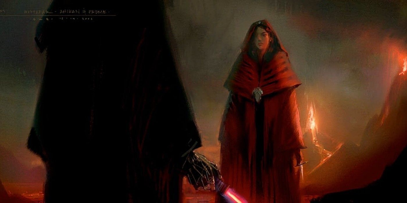 Padme standing in front of Anakin on Mustafar in Revenge of the Sith concept art