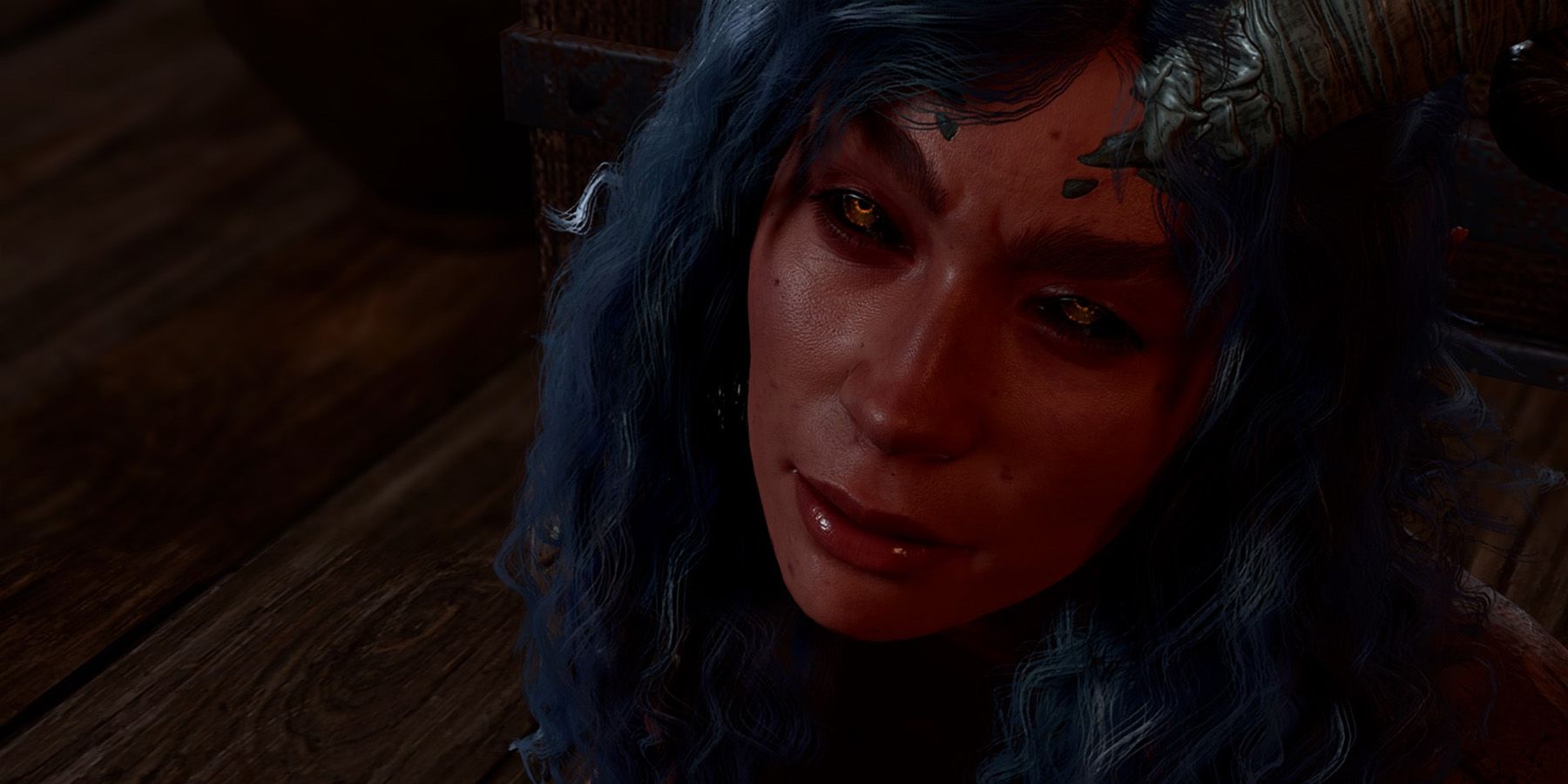 A close-up of the ailing Tiefling Pandirna in Baldur&rsquo;s Gate 3.