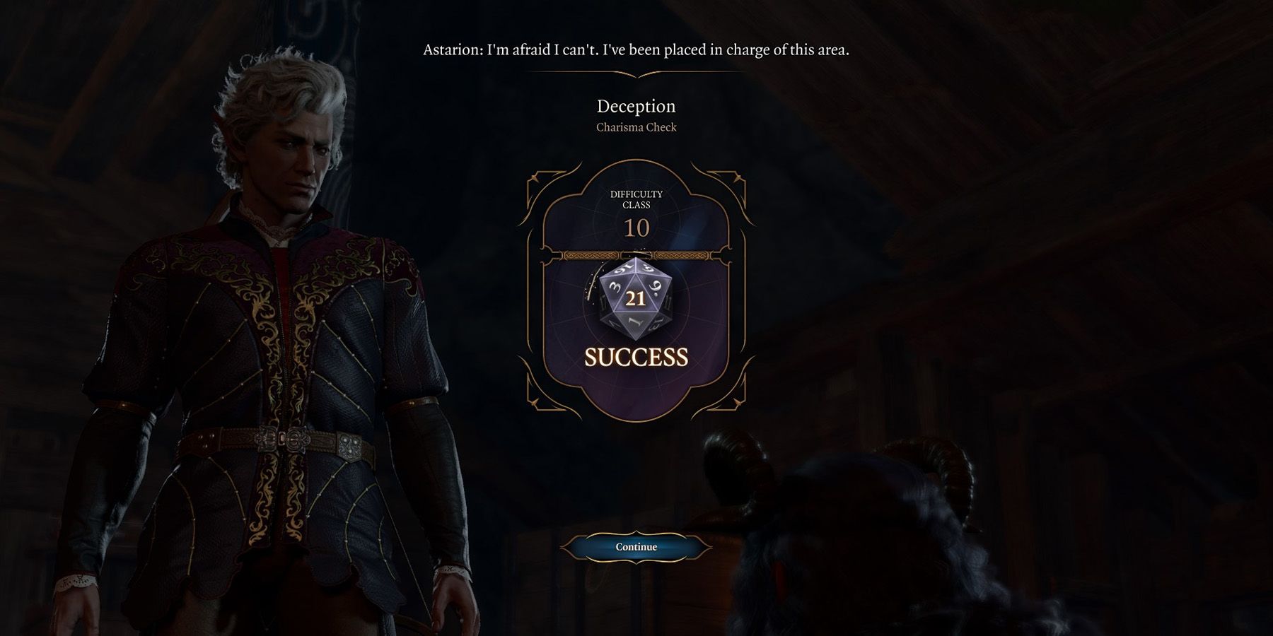 Astarion succeeding a deception check against Pandirna in Baldur&rsquo;s Gate 3.