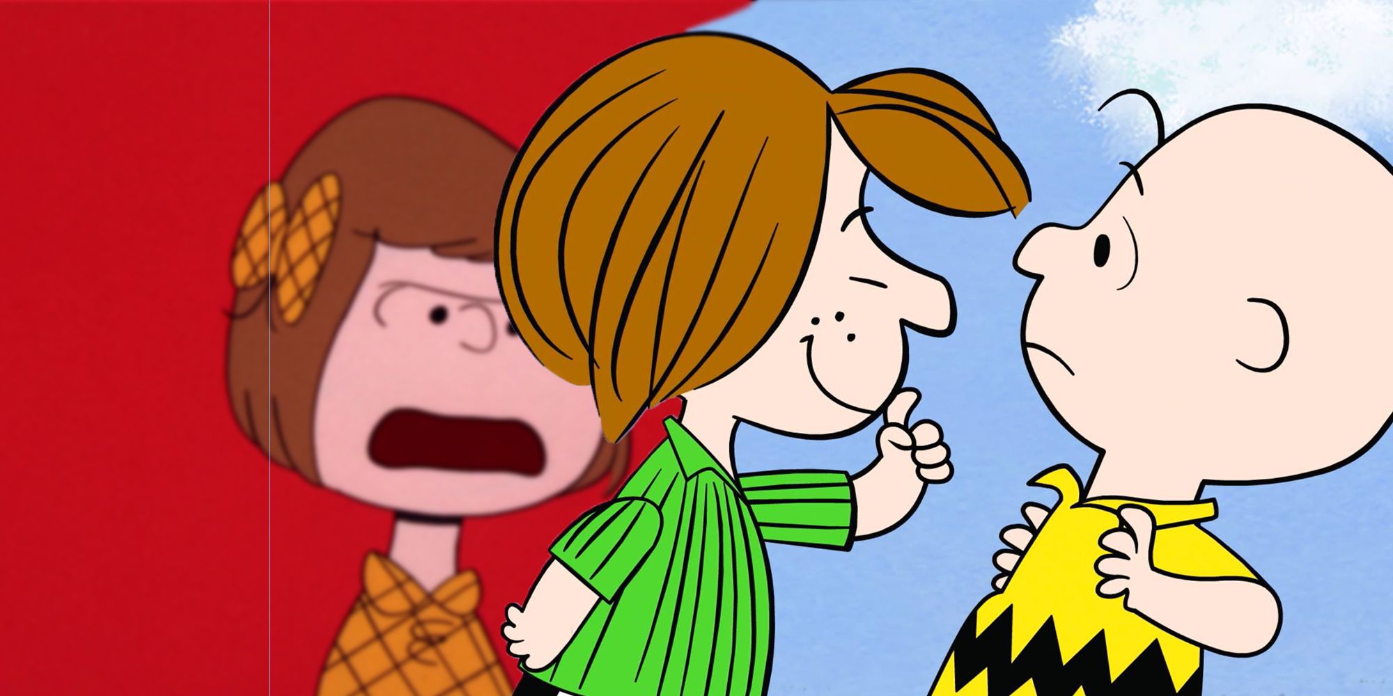 Featured Image: Peanuts, Patty angry in the background, with Peppermint Patty putting a finger to her lips in front of Charlie Brown
