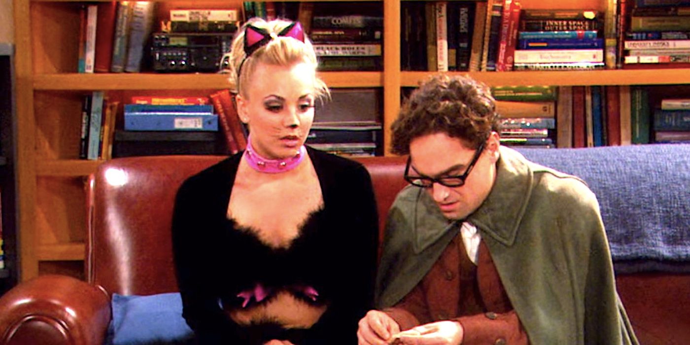 Penny dressed as a cat and Leonard dressed as a Hobbit in The Big Bang Theory season 1