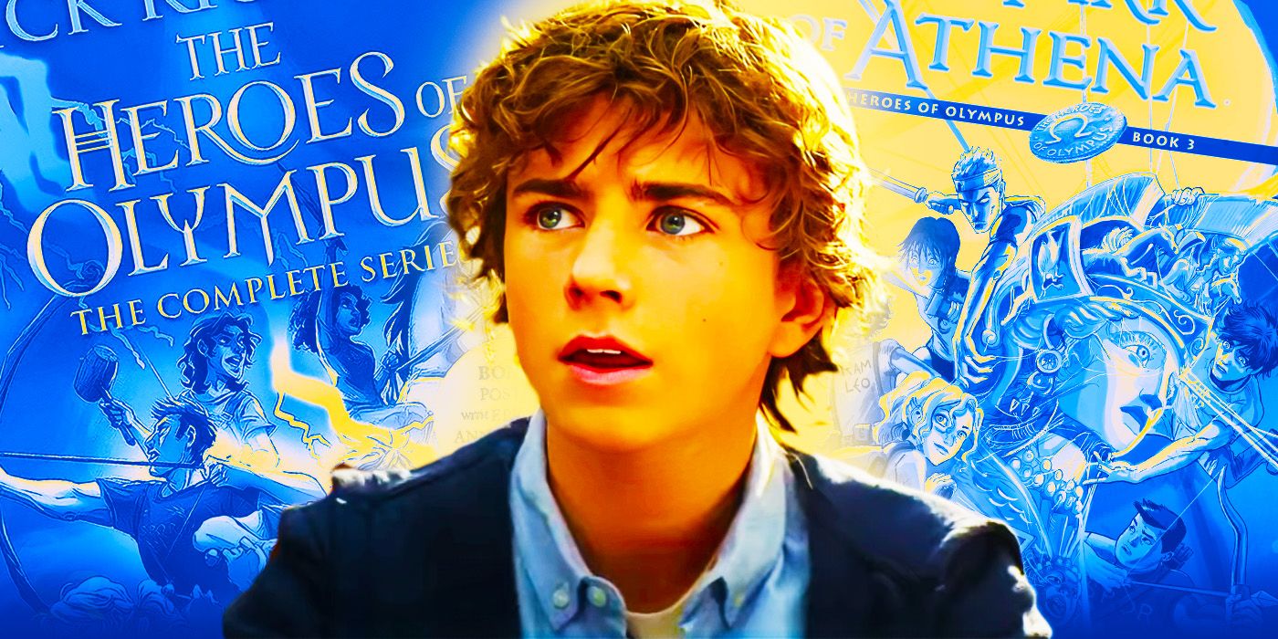 Percy Jackson collage with actor Walker Scobell in foreground and Heroes of Olympus books in background.