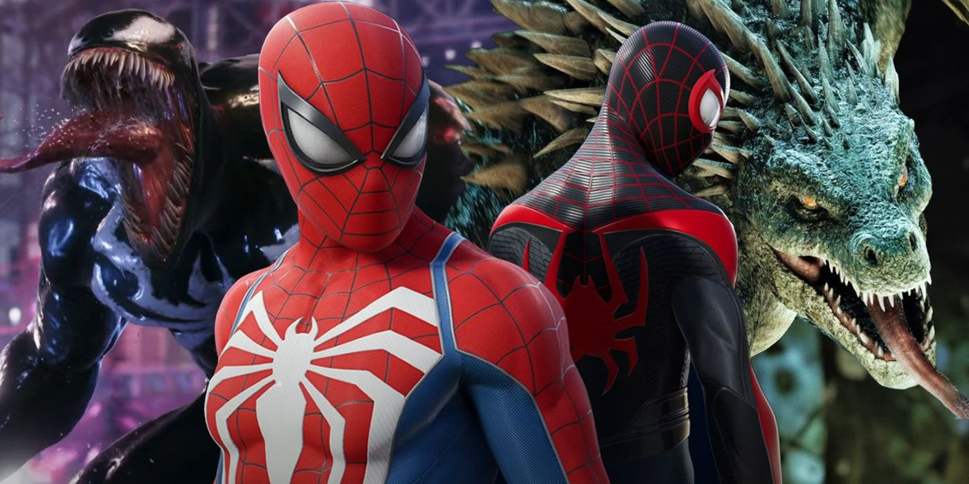 Peter and Miles from Marvel's Spider-Man games with Venom and Lizard behind them