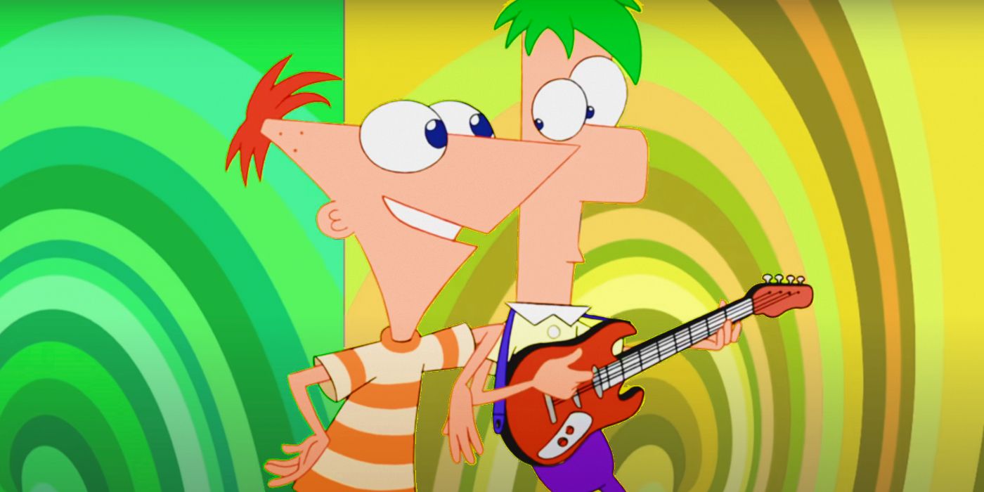 Phineas and Ferb against a vibrant background
