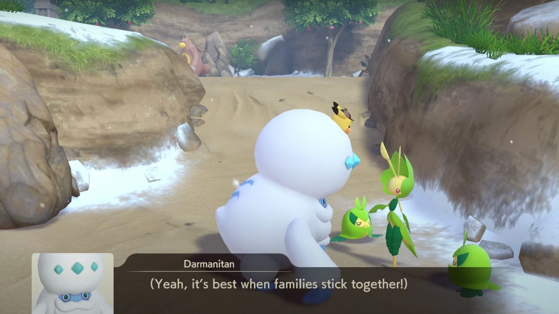 Pikachu and Darmanitan helping a Leavanny in Detective Pikachu Returns